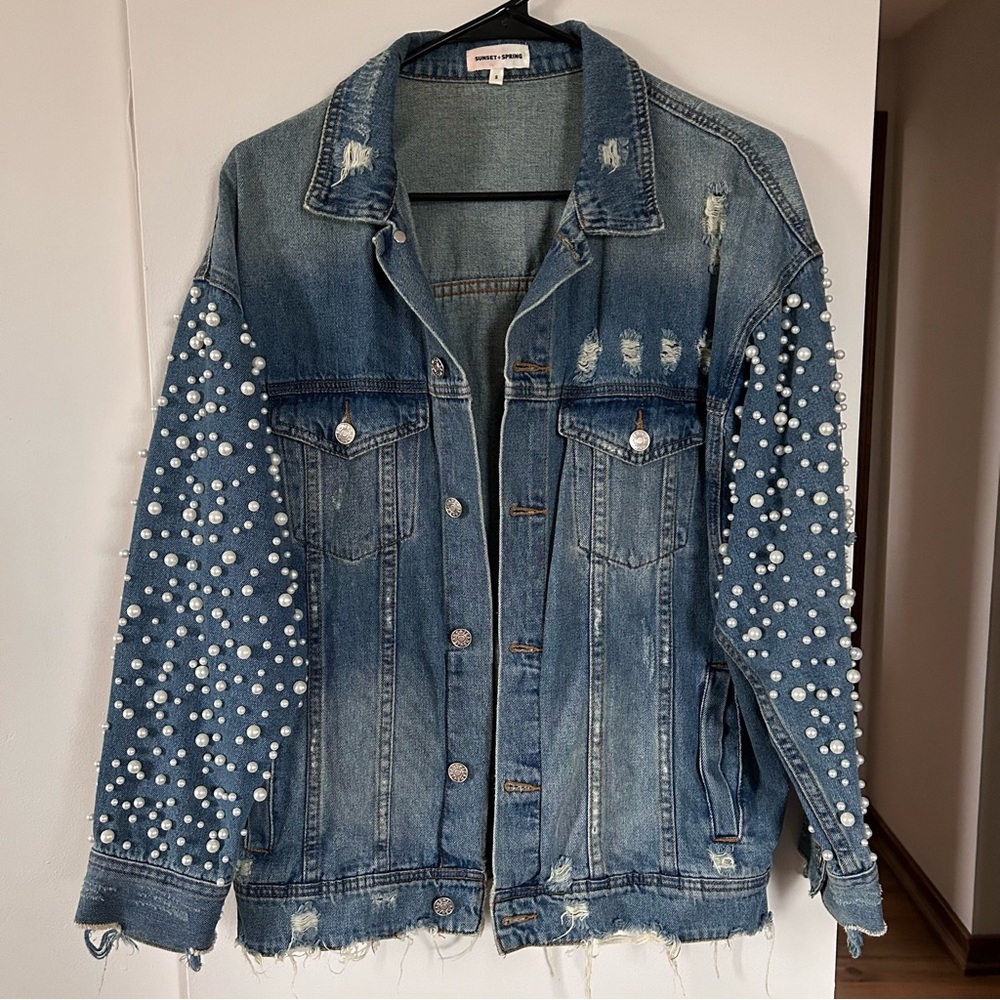 Sunset + Spring Pearl Embellished Denim Jacket